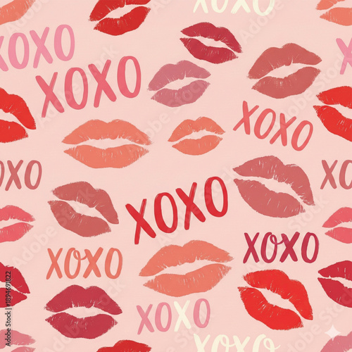 Seamless vector pattern, repeated motif of lipstick kisses