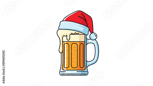 Cold beer glass wearing a red and white santa claus hat with foam spilling over the side on a clean white background for holiday celebrations.