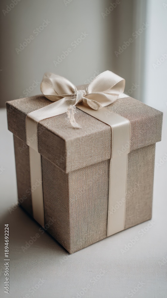Obraz premium Elegant gift box with satin ribbon on neutral background ideal for celebrations