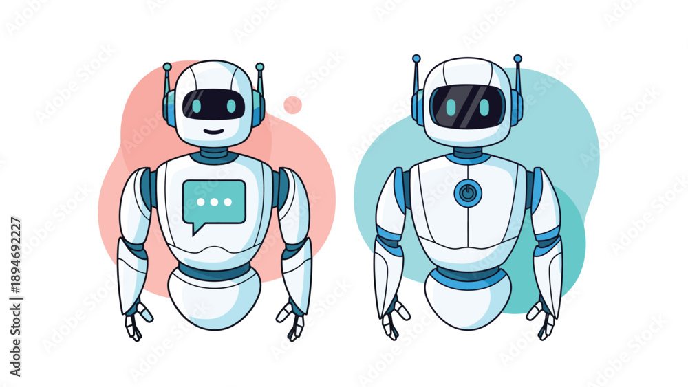 Fototapeta premium Two friendly white service robots standing side by side with digital icons for communication and power status on a modern minimalist background.