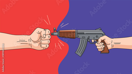 Powerful conceptual illustration showing a human fist facing off against a military assault rifle barrel to represent peace versus violence.