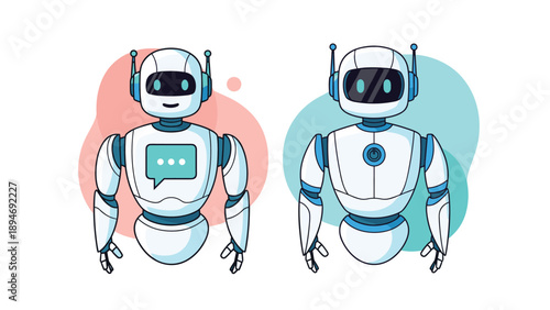 Two friendly white service robots standing side by side with digital icons for communication and power status on a modern minimalist background.