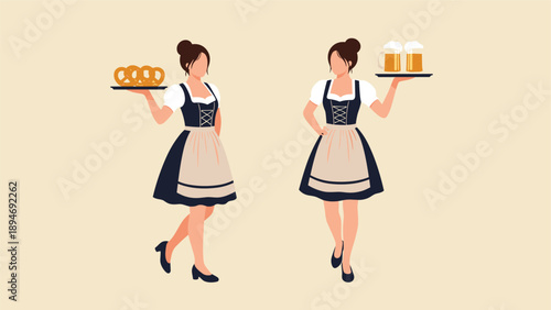 Two women in traditional german dirndl dresses serving trays of fresh pretzels and large beer mugs for guests during a festival celebration.