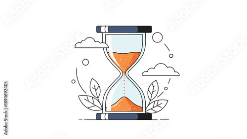Elegant hourglass with flowing orange sand surrounded by clouds and leaves to symbolize the passage of time and patience in a stylized design.