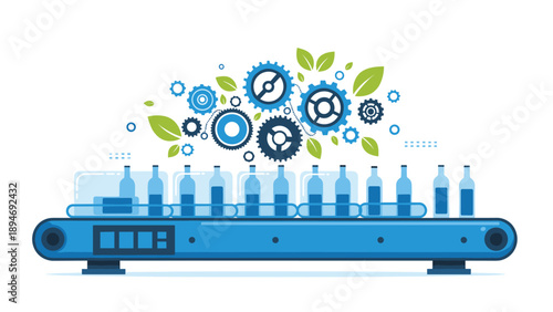 Automated production conveyor belt with blue glass bottles and gears decorated with leaves to represent sustainable industrial manufacturing.