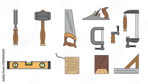 Collection of carpentry tools arranged neatly on a clean background, showcasing various hand tools and equipment used in woodworking and construction