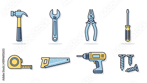 Assorted tools including hammer, wrench, pliers, screwdriver, tape measure, saw, drill, and screws arranged neatly on a clean white background from a straightforward viewpoint