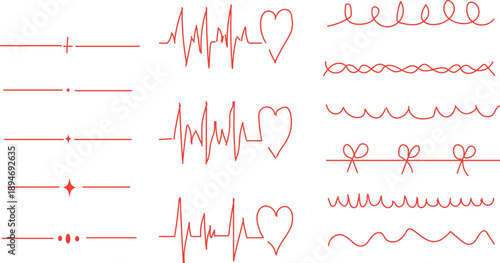collection of vector illustrations featuring red lines and heart symbols, commonly associated with health and love. 