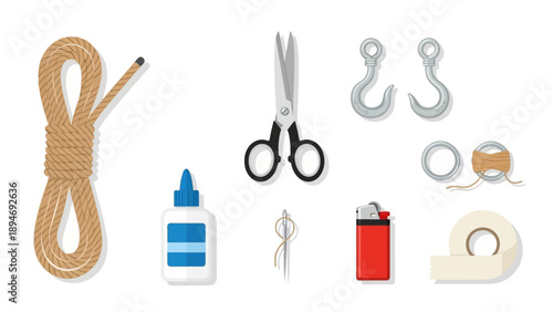 Various crafting tools and supplies are arranged neatly on a plain white surface.