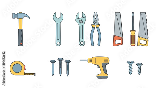 Collection of various hand tools and equipment arranged neatly for a construction project