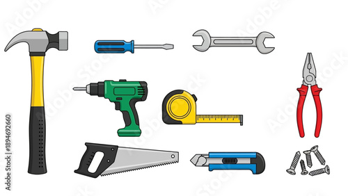 Collection of various hand tools arranged neatly on a clean surface, viewed from directly above.