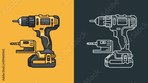 Power tools illustration featuring drill and charger on contrasting backgrounds showcasing technical equipment