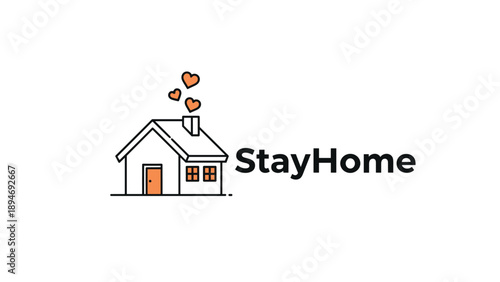 Simple house icon with smoke hearts and stay home text on a white background to encourage social distancing and safety during a pandemic.