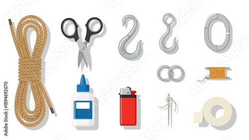 Various tools and objects including rope, scissors, and hooks arranged neatly on a plain white surface viewed from directly above