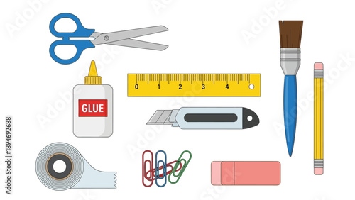 Assorted office supplies including scissors, glue, ruler, pencil, and paper clips arranged on a clean white background from a top-down viewpoint