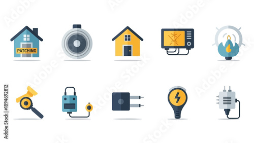 Modern home energy management system icons displayed on a clean white background showcasing various smart devices and energy-efficient solutions