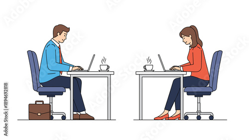 Man and woman sit at their respective desks with laptops and coffee cups working in a quiet office setting on a white background.