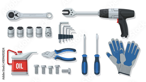 Assorted tools including wrenches, drill, gloves, and screwdrivers arranged neatly on a flat surface, viewed from directly above.
