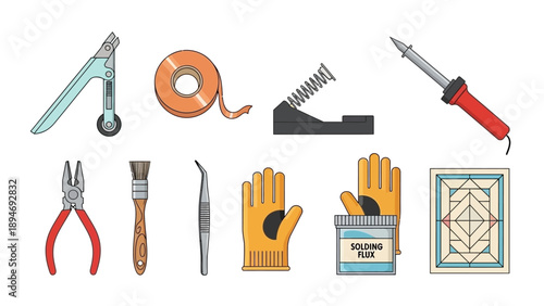 Various crafting and electronics tools arranged neatly on a clean surface, showcasing pliers, soldering iron, and gloves from a top-down viewpoint.