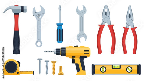 Collection of various tools and equipment arranged neatly for construction or repair work