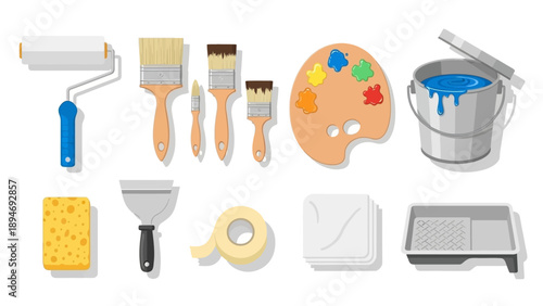 Collection of artistic tools and supplies including brushes, palette, and painting materials arranged neatly on a surface