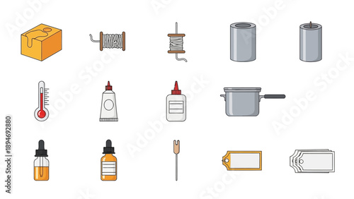 Various kitchen utensils and appliances displayed on a clean white surface, viewed from directly above