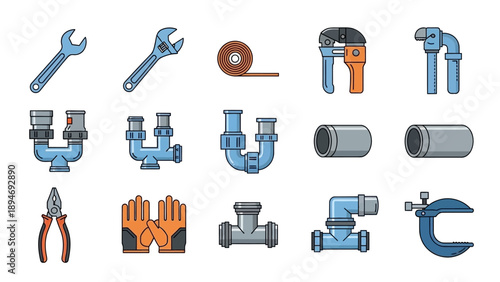 Collection of plumbing tools and pipe fittings displayed in a grid layout on a clean white background from a straightforward viewpoint