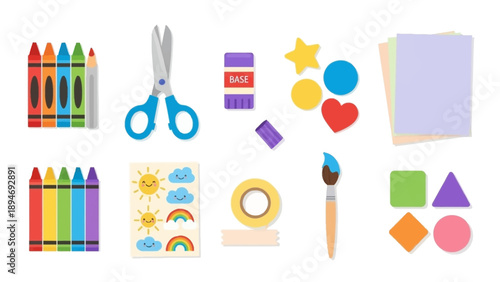 Assorted art supplies including crayons, scissors, and paintbrush arranged neatly on a white background