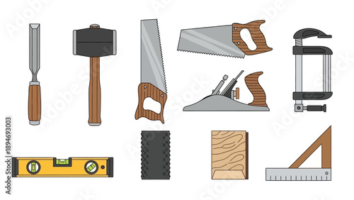 Various carpentry tools including chisel, hammer, saw, plane, clamp, level, sandpaper, woodblock, and set square arranged neatly on a clean surface