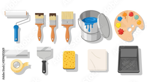 Assorted painting tools including rollers, brushes, and palette displayed on a plain white surface, highlighting various art supplies and materials.