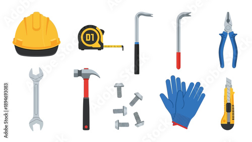 Assorted tools and equipment for construction and DIY projects displayed on a clean surface
