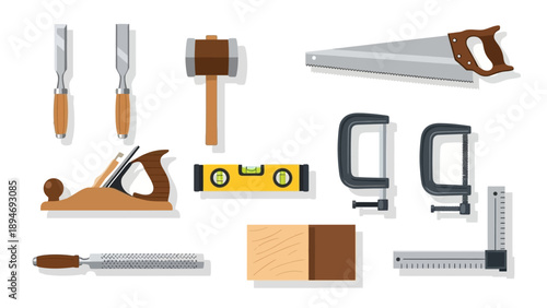 Collection of carpentry tools and wood pieces arranged neatly on a plain surface from a top-down viewpoint