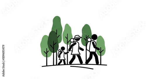 Family hiking trip through a forest with backpacks.