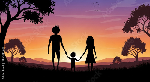 Family silhouette holding hands at sunset with trees and hills.