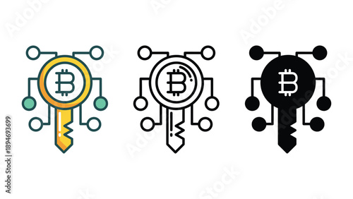 A set of bitcoin key icons in different colors and designs