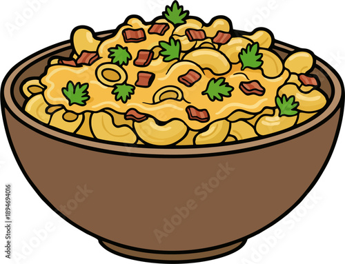 Golden macaroni and cheese topped with bacon crumbles and parsley sprigs in brown bowl
