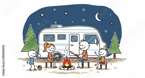 Family camping trip around a campfire with a camper van.