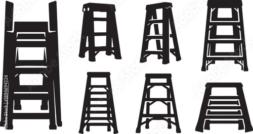 Collection of black wooden step ladders in various designs