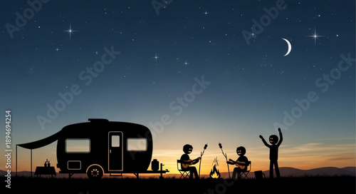Family camping trip with camper trailer under starry night sky.