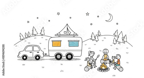 Family camping trip with caravan and campfire in winter.