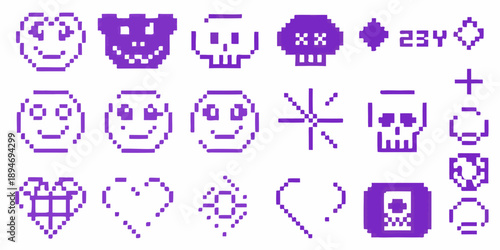 Collection of pixelated purple icons depicting faces hearts and symbols
