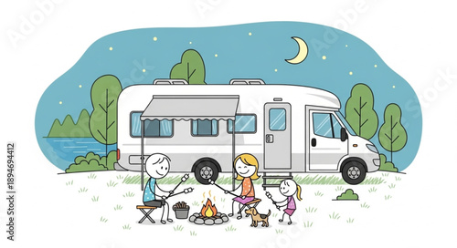 Family camping trip with RV and campfire at night.