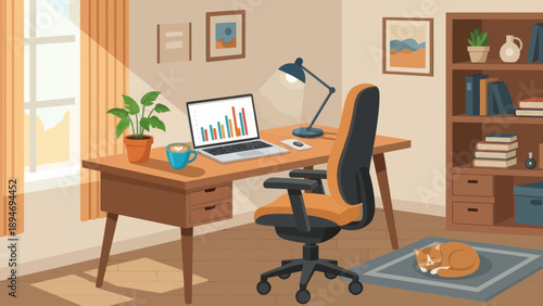 Modern Office Desk with Laptop and Chair.