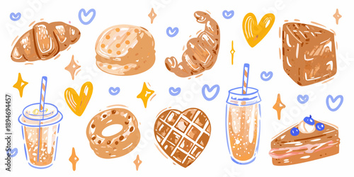 A colorful assortment of hand drawn pastries drinks and sweet treats