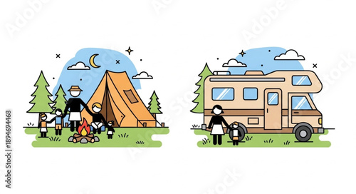 Family camping trip with tent and RV illustration.