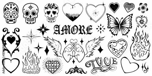 Collection of traditional tattoo flash designs featuring skulls hearts and butterflies