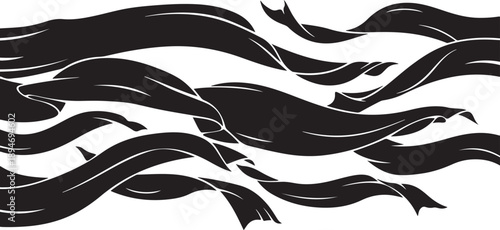 Black and white illustration of flowing wavy ribbons pattern