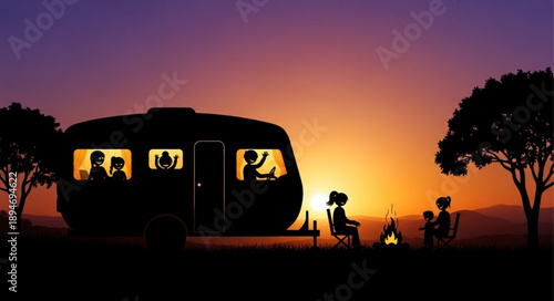 Family camping vacation at sunset with caravan and campfire.