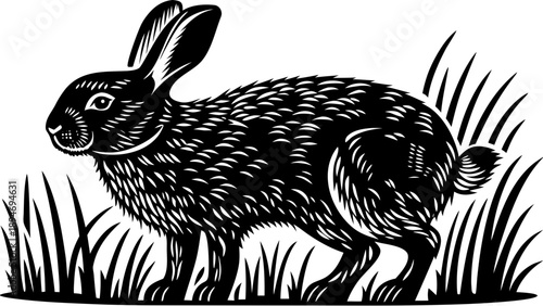 A rabbit standing in tall grass, illustrated in a black and white graphic style, viewed from the side.