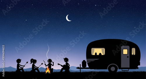 Family camping under starry night with campfire and trailer.